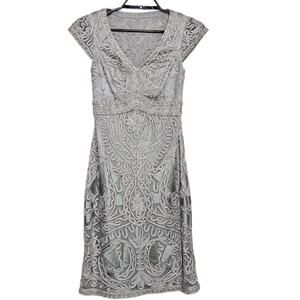 Sue Wong Ribbon Dress Size 0 Gray Silver Short Sleeve Cocktail Occasion
